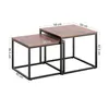 Two nesting square coffee tables with dark oak-effect tops and black metal frames, shown with dimensions indicated. Voir les images du produit