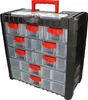 A black and red parts organizer with multiple clear drawers. Produktbild-Vorschau