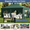 A collage of images showcasing a green pop-up tent in various settings, including a formal event setup, a close-up of its windows, and smaller scenes depicting a party, a wedding, and a market. Voir les images du produit