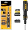 A DeWALT bit screwdriver set is displayed in its retail packaging, alongside loose bits and the screwdriver handle. Produktbild-Vorschau