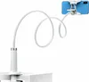 A white flexible gooseneck phone holder clamped to a surface, with a blue smartphone attached to the end. Podgląd zdjęcia produktu