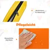 Close-up of a yellow zippered pouch and a hand wiping an orange surface with a gray cloth, with text overlays. Produktbild-Vorschau