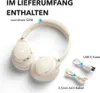 Image shows a pair of beige over-ear headphones with accessories, along with German text indicating what is included in the delivery. Produktbild-Vorschau