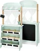 A wooden market stall and theatre playset for children, with shelves for display and a chalkboard. Produktbild-Vorschau