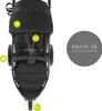 A black stroller is shown from a top-down perspective, with several circular icons highlighting features. Anteprima dell’immagine prodotto