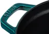 A close-up shot of the handle and rim of a black pot with a teal colored handle. Náhled obrázku produktu