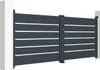 A dark gray double-wing gate with white horizontal stripes, shown from a slightly angled front view, standing between two white pillars. Produktbild-Vorschau