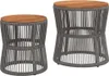 Two outdoor side tables with wooden tops and gray woven bases. Náhled obrázku produktu