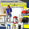 A woman is using a vacuum cleaner in a room, with various vacuum cleaner models and accessories displayed. Produktbild-Vorschau