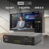 A digital satellite receiver and its remote control are displayed in front of a television screen showing a news broadcast. Text overlays highlight product features. Produktbild-Vorschau
