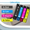 Four ink cartridges are displayed diagonally on a light gray and white background, with text labels indicating quantities and colors. Produktbild-Vorschau