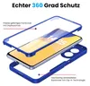 An exploded view of a phone case, showing its three parts: a clear front cover with screen protection, a blue frame for the front, and a blue back cover with a camera cutout. The phone is shown inside the middle frame. Produktbild-Vorschau