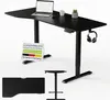 A black adjustable standing desk with a laptop, mug, and plant on it. There are also separate images of desk components and a smaller desk. Náhled obrázku produktu