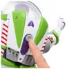 A close-up shot of a person's finger pressing a button on a Buzz Lightyear action figure. Voir les images du produit
