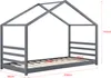 A grey house-shaped bed frame with a slatted base, shown with dimensions indicated by red lines and text. Náhľad obrázku produktu
