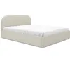 A beige upholstered bed frame with a curved headboard and a white sheet on the mattress is shown against a white background. Voir les images du produit