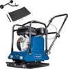 A blue and black plate compactor with its accessories, including a wheel kit and a rubber mat, is displayed against a white background. Produktbild-Vorschau