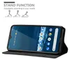 A smartphone in a black flip case, with text and diagrams about its stand function. Náhled obrázku produktu