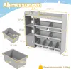 A diagram showing the dimensions of a toy storage unit and its bins. Podgląd zdjęcia produktu