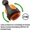 Close-up of orange and black ear defenders with green arrows indicating movement and text describing features. Produktbild-Vorschau