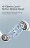 An exploded view diagram of earphone components with glowing lines indicating sound waves. Produktbild-Vorschau