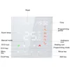 A digital smart thermostat display with various icons and text labels. Podgląd zdjęcia produktu