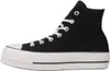 A side view of a black high-top Converse sneaker with a white platform sole and white laces. Voir les images du produit