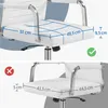 Two images of a white office chair seat with dimensions indicated by blue lines and text. Produktbild-Vorschau