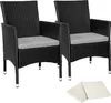 Two black rattan chairs with gray cushions are shown on a white background, with two additional beige cushions in the foreground. Voir les images du produit