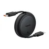 A black Baseus Free2Pull Mini retractable USB-C to USB-C cable is coiled around a circular black hub. The cable has USB-C connectors on both ends, one of which is partially visible with an orange interior. The hub has the 'baseus' logo and '60W' printed on Náhled obrázku produktu