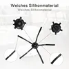 A close-up view of a robot vacuum cleaner's side brushes and a zoomed-in view of its main brush and dust bag. Produktbild-Vorschau