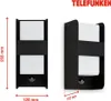 Two views of a black outdoor wall light with white diffusers and a motion sensor. Dimensions are shown with measurement lines and text. Produktbild-Vorschau