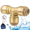 A brass T-connector fitting with tan plastic caps, shown against a white background with water splashes. Produktbild-Vorschau