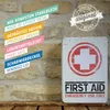 A vintage-style first aid tin is displayed against a brick wall background, with descriptive text overlays on the left. Podgląd zdjęcia produktu