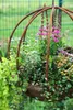 A hanging planter filled with various plants and flowers, set against a blurred green and gray background. Produktbild-Vorschau