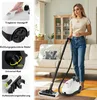A woman is using a steam cleaner in a living room. The image is a collage of product features and a lifestyle shot. Produktbild-Vorschau