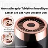 Schwarzer und roségoldener Auto-Lufterfrischer, zeigt Schritte zum Öffnen der Rückabdeckung und Hinzufügen von Aromatherapie-Tabletten Náhľad obrázku produktu