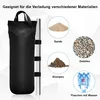 A black sandbag is shown next to a silver pole, with inset images of sand, pebbles, soil clumps, and water bottles. Produktbild-Vorschau