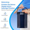 A person is holding a dark blue electric water filter pitcher with a blue overlay and text highlighting its features. Podgląd zdjęcia produktu