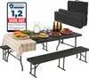 A picnic table and bench set is set up with food and drinks, suggesting outdoor use. Produktbild-Vorschau