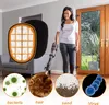 A woman is using a vacuum cleaner, with various close-ups of what the vacuum can capture (bacteria, hair, sand, and virus). Produktbild-Vorschau