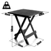A black folding table with dimensions indicated by text and lines. Produktbild-Vorschau