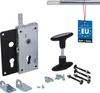 A collection of garage door lock components and hardware, including a lock mechanism, a handle, and various screws and brackets, displayed against a white background. Produktbild-Vorschau