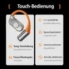 Image shows a pair of open-ear Bluetooth headphones with a diagram illustrating touch controls and features. Produktbild-Vorschau