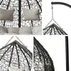 Collage of images showing details of a hanging chair, including cushions, chains, and the woven structure. Náhled obrázku produktu