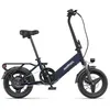 A navy blue folding electric bicycle is shown against a white background. Produktbild-Vorschau