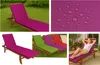 Collage of images showing a purple chaise lounge cushion on a wooden lounge chair, close-up of water droplets on a purple fabric, and multiple colored cushions lined up, with a woman relaxing on a chaise lounge. Anteprima dell’immagine prodotto