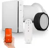 A white ventilation unit with a filter, remote control, and a smartphone displaying the Tuya app are arranged on a white background. Náhled obrázku produktu