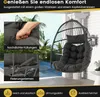 A hanging chair with cushions is shown on a patio next to a swimming pool. Podgląd zdjęcia produktu