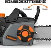 Close-up of an electric chainsaw, highlighting its chain brake mechanism. Produktbild-Vorschau